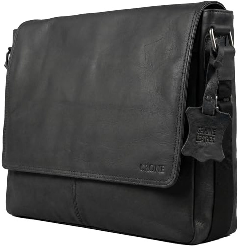 Crone Hamburg läder laptopväska, affärsväska av äkta läder, portfölj, arbetsväska, axelväska, laptopväska, Matt svart