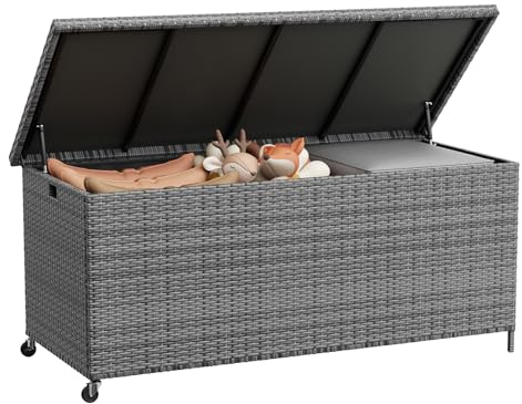 UDPATIO Gartenbox Wasserdicht 480L mit Rollen, Aufbewahrungsbox Garten, Auflagenbox Wetterfest, Kissenbox Outdoor mit Deckel, Gasdruckfedern, ideal für Garten, Terrasse & Balkon | Grau
