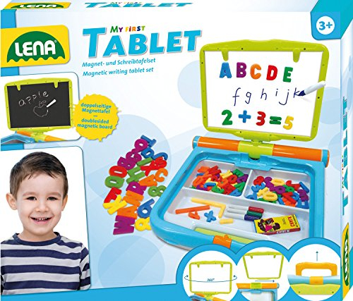 Lena 65712 - Magnet - und Schreibtafel Set My first Tablet, Lernspielset mit 360° drehbarer Tafel, Magnet Buchstaben und Zahlen, Fasermaler und Tafelkreide, Schreiblernset für Kinder ab 3 Jahre