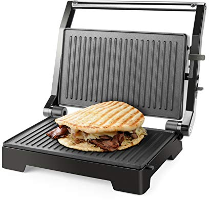 Taurus Crispy & Co - Grill, 1000W, Apertura 180º, Placa antiadherente libre de PFOA, 14.5 x 23 cm, Almacenaje vertical, Base antideslizante, negro