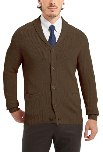 Kallspin Jersey Cárdigan Cuello Chal para Hombre, Jersey Mixto de Lana Merino, Punto Suave, con Bolsillos y Botones (Marron Oscuro, XXXL)