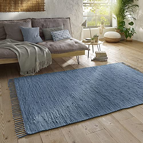 Taracarpet Handwebteppich Läufer Fleckerl Teppich Uni waschbar aus Baumwolle für Wohnzimmer und Küchenteppich 070x140 cm blau