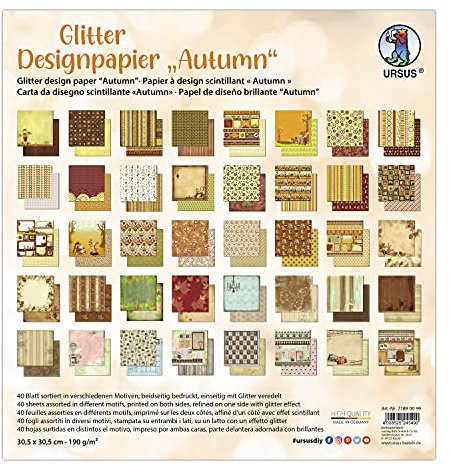 Ursus 71890099 - Glitter Design-Papier Autumn, Mix mit 40 Blatt beidseitig bedrucktem Motiv-Papier, 190 g/m², 30,5 x 30,5 cm, Vorder- und Rückseite jeweils unterschiedlich bedruckt