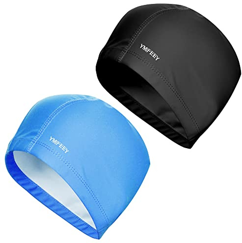 2 PezziCuffie da Nuoto Cuffia Piscina per Uomo Donna Cuffie Piscina Adulto Tessuto Cuffia da Bagno in Tessuto Impermeabile Elastico Protezione dei Capelli (Nero+Blu Reale)