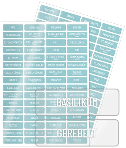 younikat 128er Gewürze Aufkleber-Set - klare Folie - selbstklebend - dv965 | UV-beständig, abwischbare Oberfläche, wasserabweisend, für Gläser, zum Beschriften, blanko