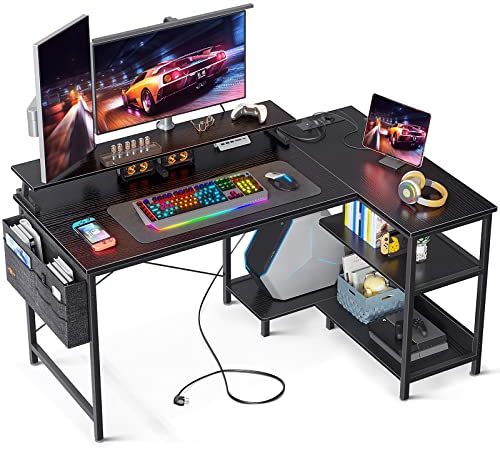 ODK Escritorio Esquinero Reversible, 120x80cm Escritorio Gaming en L con Puerto de Carga USB y Toma de Corriente, Mesa en L con Estantes & Soporte de Monitor para Hogar, Oficina, Gaming, Negro