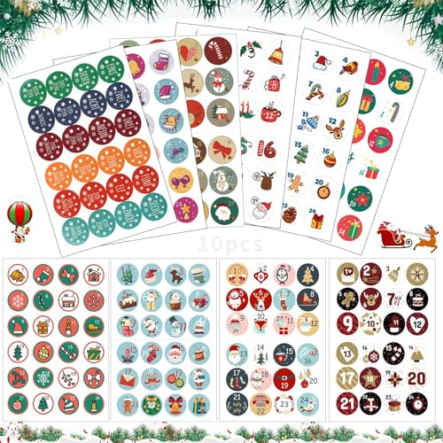 10pcs Aufkleber Weihnachten Adventskalender, Adventskalender Zahlen Aufkleben runde Zahlenaufkleber, Adventskalenders Zahlen Aufkleber, Weihnachten Zahlen Sticker zum Basteln und Dekorieren (A)