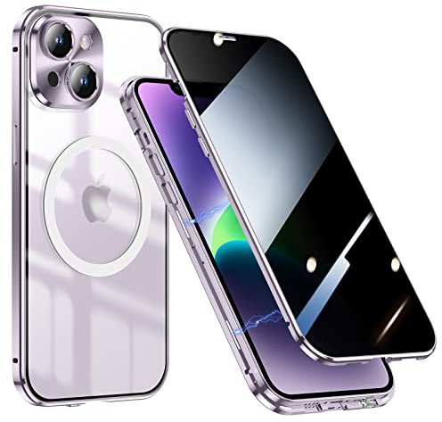 Jonwelsy Anti Peeping Hülle für iPhone 14 Plus 6.7 Kompatibel mit Magsafe Case 360 Grad Doppelte Seiten Schutz Vorne Privacy Glas Cover Magnetische Adsorption Metall Stoßstange Handyhülle (Violett)