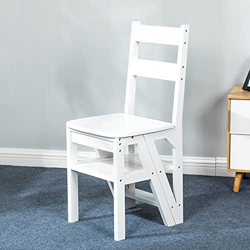 Silla con escalera de 4 peldaños Taburete con peldaños de madera Blanco, Biblioteca plegable de conversión Estantería con peldaños Soporte para plantas para cocina y oficina, capacidad de 200 kg