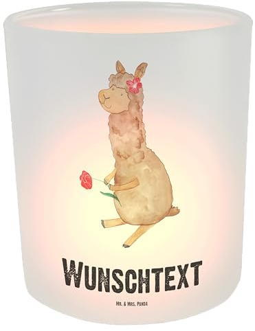 Mr. & Mrs. Panda Personalisiertes Windlicht Alpaka Blume - Personalisierte Geschenke, Kerzengläser, Lamas, mit Namen, Geschenk, Lama, Spruch, Teelichthalter, Windlichter, Windlichtgläser, Windglas