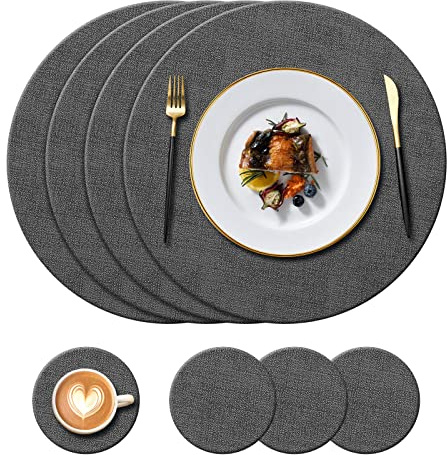 Juego de 4 Manteles Individuales(34cm) Redondos de Piel Sintética, Negro | Resistente al calor 100°C, Antideslizante e Impermeable, fácil de limpiar para restaurantes, cocinas y jardines exteriores
