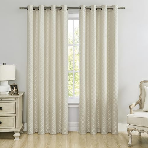 Central Park Beige Diamond Pattern Grommet Window Curtain Panel 84 Inches Long Geometric Trellis Light Filtering Jacquard Design Drapes for Bedroom and Living Room, 50 Wx84 L, 2 Panels