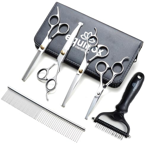 Equinox Dog Grooming Scissors & Deshedder - 7 in 1 Pet Grooming Scissors Set with undercoat brush - Curved Dog Scissors with safety tips - Includes Thinning & Rounded Shears - For dogs & cats