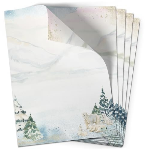 Weihnachtspapier A4 | Weihnachtsbriefpapier beidseitig bedruckt, 50 Blatt | Premium Briefpapier Weihnachten Winterlandschaft Winter Eisbären | Schreibpapier Druckerpapier 90 g/qm