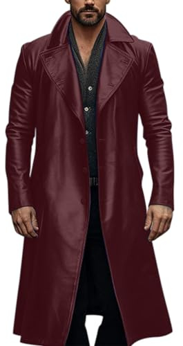 Caxndycing Abrigo de cuero para hombre, estilo medieval, negro, gabardina, otoño, invierno, moda, ajustado, abrigo largo, chaqueta steampunk gótica, ocio, vintage, cosplay, disfraz, talla grande, rojo