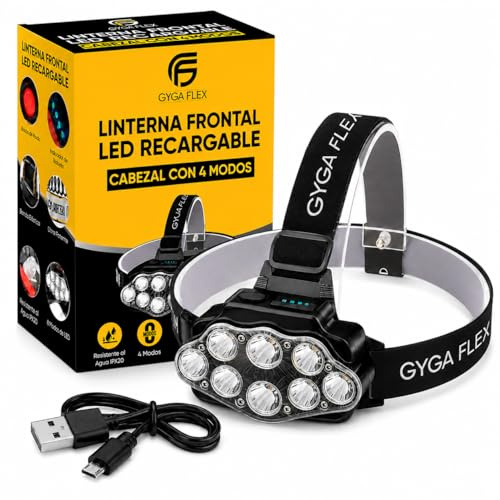 GygaFlex Linterna Frontal LED Recargable, Alta Potencia con 4 Modos, Ajustable 90°, Alcance hasta 100 Metros, Resistente al Agua IPX20, Luz de Cabeza para Running, Camping, Pesca, Ciclismo y Trabajo