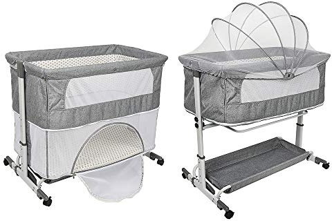 Willonin Babybett, Beistellbett für Babys, faltbar, Höhe und verstellbar, Matratze, 4 drehbare Rollen, Moskitonetz, neigbare Wiege (113 x 66 x 84 cm, grau), MZ0418-02