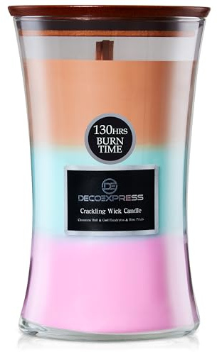 DECO EXPRESS Scented Candles Trilogy, Hourglass-Shaped Crackle Wick Candle, Up to 130 Hr Burn Time, Housewarming, Valentine’s Day & Mother’s Day Decor (Cinnamon Roll/Cool Eucalyptus/Rose Petals)