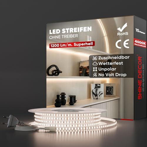 Shine Decor LED Streifen 15m, AC 220V 230V IP65 Wasserdicht LED Band, SMD 2835 120 leds/m Ultrahohe Helligkeit Lichtleiste für Küche Garten LED Beleuchtung (15M, Neutralweiß, CE Zertifiziert)