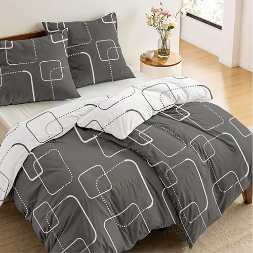 Dreamzie - 2 Bettwäsche Set 135x200 cm Muster Karos Grau mit 2 Kissenbezügen 80x80 cm - Bettwäsche 135x200 Einzelbett aus 100% Mikrofaser - Zertifiziert ohne Chemikalien (Oeko TEX)