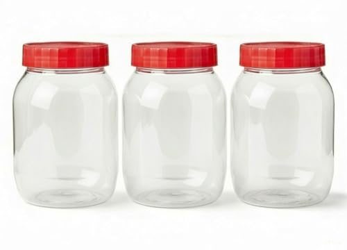 Cennet Tarros de plástico con tapas, recipientes herméticos redondos transparentes para especias y alimentos dulces, galletas, tapa de rosca, ollas de cocina y frascos sin BPA, 3 x 750 ml