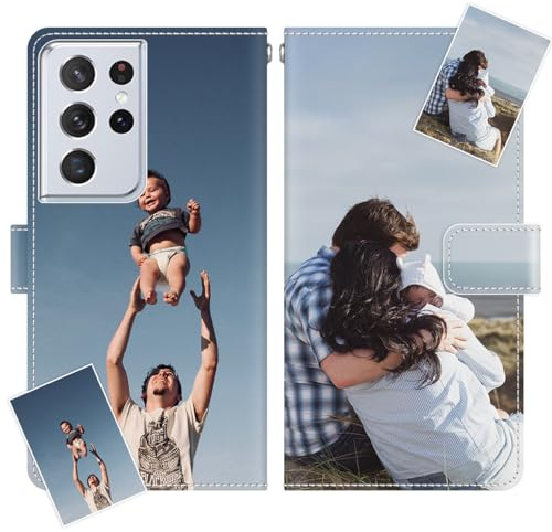 JGOYGYI Personalisierte Leder Handyhülle kompatibel mit Samsung Galaxy S21 Ultra 5G,Individuelle Eigenem Foto Bild Text Bildern Foldable Flip Klapphüllen Case hülle+Handykette