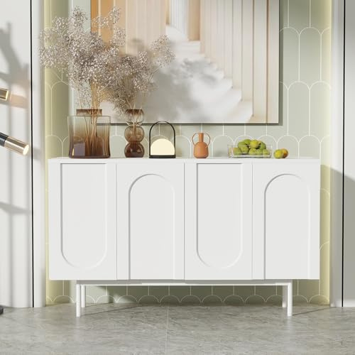 Merax Commode 4 portes bombées - Structure MDF - Blanc - Salle à manger/salon - Espace rangement flexible - Entièrement monté - Support table 40 kg