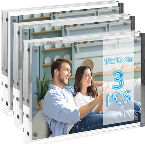 Oungy Lot de 3 cadres photo en acrylique - Double face - 13 x 18 cm - Magnétique - Transparent - Sans cadre - Magnétique - En format portrait ou paysage - Pour photos, collage