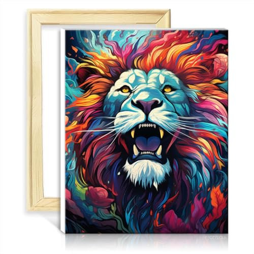 LiHEQING Malen-nach-Zahlen-Set, wütender Löwe, Ölgemälde-Set für Kinder, Anfänger, auf Leinwand, für die Wanddekoration, ohne Rahmen (60 x 75 cm)