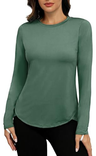 PINSPARK Sport Shirt Damen Schlanke UPF 50+ Sportshirt Draussen Ausbildung Rashguards Herbst Rundhals Seite Split Langarmshirt Athletisch Lässig Fitness Yoga Tops Dunkelgrün s