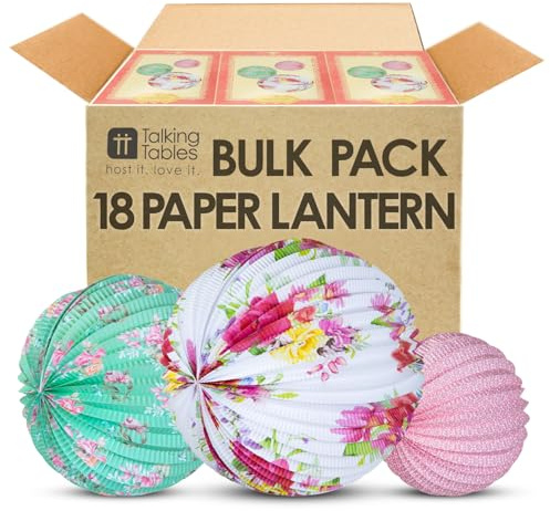 Talking Tables 18 x Hanging Tea Party Decorations Truly Scrumptious Floral Paper Lanterns for Birthday Party, Baby Shower, Wedding or Anniversary, 3 Sizes Bulk Pack Eco Packaging