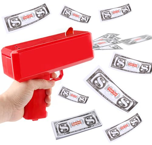 Silkwish Geld Pistole Shooter mit 100 Spielgeld Scheine - Spielzeugpistole Geld für Spielfilme Party sprühen - Requisitenpistole für Schießen Fake Geld (Rot)