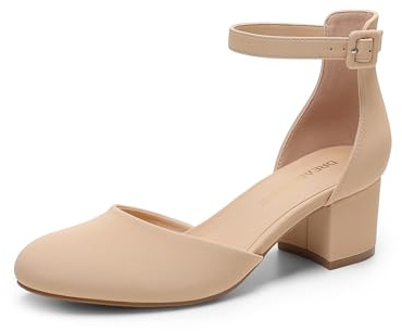 DREAM PAIRS - Zapatos de tacón bajo con punta redonda y cerrada, con correa de tobillo, gruesos, para mujer, para vestido, boda, oficina y fiesta, color nude, 9.5