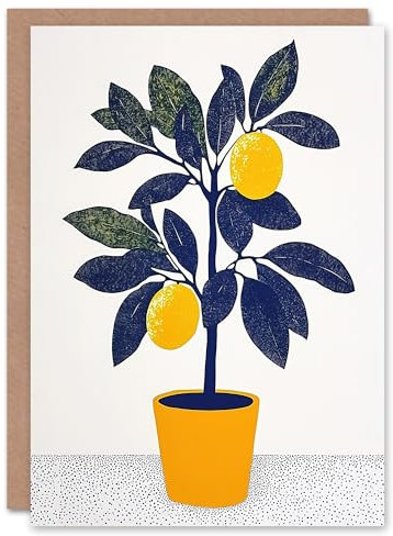 Artery8 Greeting Card Lemon Tree Plant Lover Yellow Blue Bright Simple Blank For Him Or Her Art Birthday Card