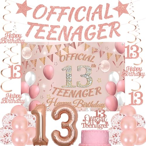 13th Birthday Decorations Girls Set - 25 Pcs Rose Gold Official Teenager Banner Bunting Hanging Swirls Streamers Number 13 Balloon 59*39 Inch Backdrop Confetti Latex Balloons for 13th Party Supplies