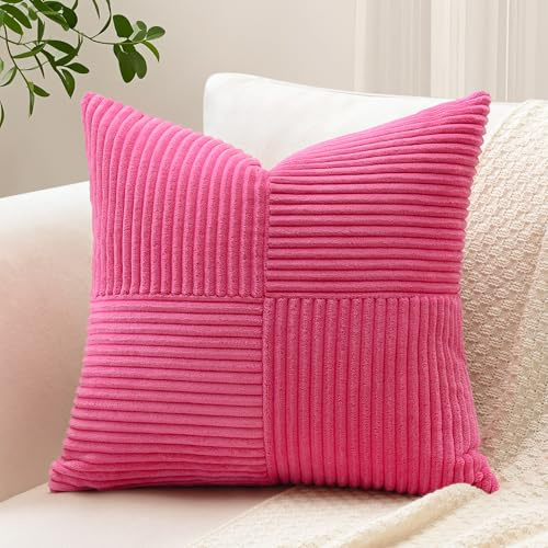 Sungeek Set of 1 Decorative Cushion Cover 45 x 45cm Soft Corduroy Striped Cross Patchwork Textured Pillow Covers Solid Square Throw Pillow Cases for Sofa Bed Patio 18x18 Inch, Hot Pink
