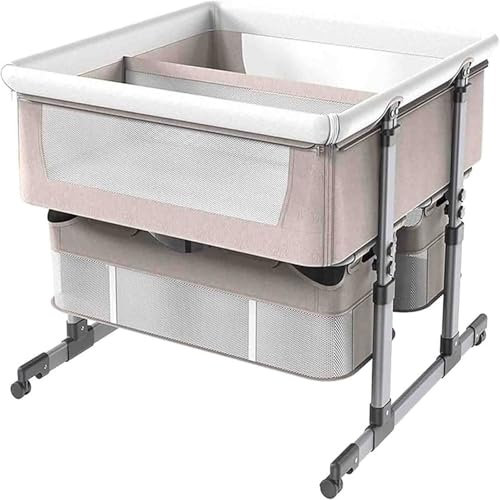 Neben dem Kinderbett, Zwillinge Baby Bett Schläfer, Kinderbett mit Aufbewahrungskorb, Tragbares Basinette-Babybett, 6 höhenverstellbar Anti-Emesis Nachttisch(Khaki)