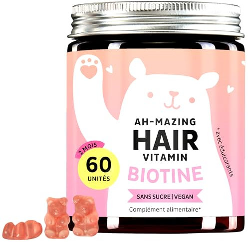 Gummies Biotine Ah-mazing Hair – Vitamines pour les Cheveux, la Peau et les Ongles – 5000 µg de Biotine, Zinc, Vitamines B6, B9, C, E – 60 Unités (2 Mois), Vegan, Sans Sucre, Bears with Benefits