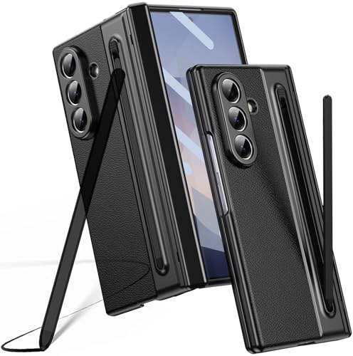 Hülle für Galaxy Z Fold 7, Samsung Fold7 Hülle mit integriertem Scharnierschutz, Samsung Galaxy Z Fold7 Lederhülle mit Displayschutz + S Pen Stylus Ersatz + Stifthalter-Schwarz
