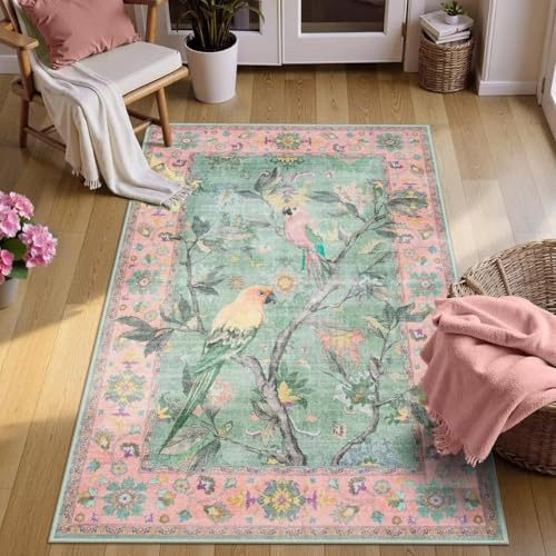 ARRITS Teppich Läufer Flur 90x150 cm Rosa, Vintage Boho Botanische Vögel Blumen Küchenteppich Waschbar rutschfest Weicher Kurzflor Teppiche für Flure, Küche, Waschküche, Schlafzimmer, Badezimmer