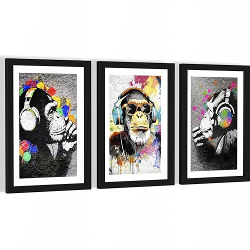 Novart Set de tableaux Banksy Collage cadre inclus - décoration murale moderne pour salon et chambre - 3 œuvres d'art en gris et couleurs - N134530aR2
