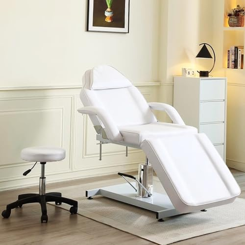 Hydraulic Beauty Bed with Stool - 360° Swivel Adjustable Massage Reclining Salon Lash Bed with Removable Armrests & Headrest - Massage Table Set for Spa Salon Tattoo Facial (White)