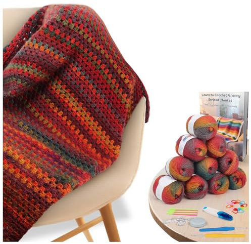 Aeelike Crochet Kits for Beginners Adults - Crochet Blanket Kit with Instructions and Video Tutorials, 10 x 50g Thin Wool Yarn for Crochet Retro Ombre Granny Stripe Blanket - Gradient Multi Red