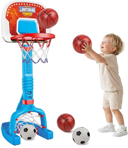 PJG Toddler Basketball Hoop & Soccer Goal Ages 1 2 3 4 5, Adjustable Indoor Basketball Hoop for Kids 1-3 3-5, Spider Toys Baby Mini Basketball Hoops with 4 Balls for Boys Girls Birthday Gift (Blue)