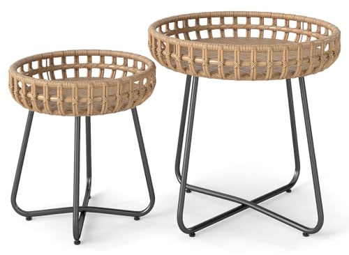 FANTASK 2er Set Rattan Beistelltisch, Rund Balkontisch mit verstellbaren Füßen & Metallrahmen, Outdoor Gartentisch, Kleiner Kaffeetisch für Balkon, Garten, Terrasse, Wohnzimmer