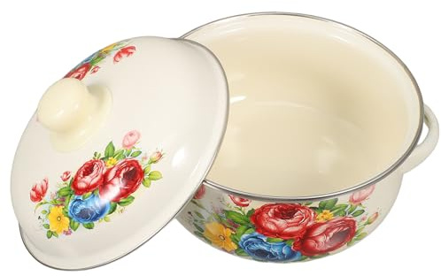 Didiseaon Enamel Stockpot with Lid Vintage Design Double Handles Nonstick Easy to Carry 1.7l for Outdoor Barbecues