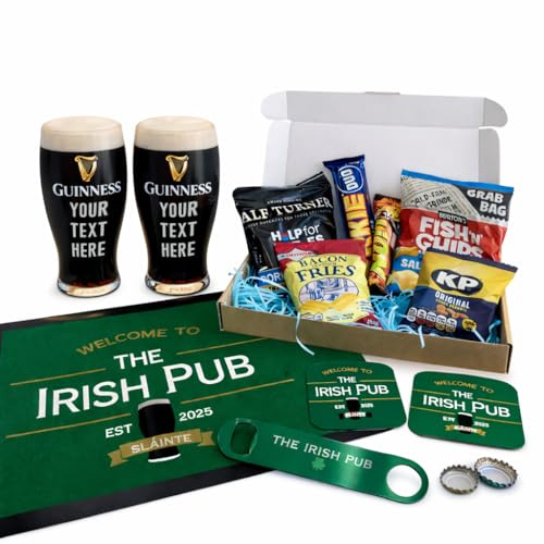 Personalised Guinness Home Bar Set – Engraved Pint Glasses, 42cm Bar Mat, Coasters & Bottle Blade Opener – Custom Home Pub Gift with Classic Snacks – Personalised Name, Year & Slogan