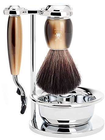 MÜHLE VIVO Brown Horn Resin 4-Piece Black Fibre 3-Blade Razor Shaving Set