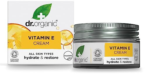 Dr. Organic Vitamin E Moisturising and Restoring Cream | Deeply Hydrates, Restores Skin’s Natural Balance, Natural, Certified Organic, Paraben & SLS-Free, 50 mL / 1.7 fl oz