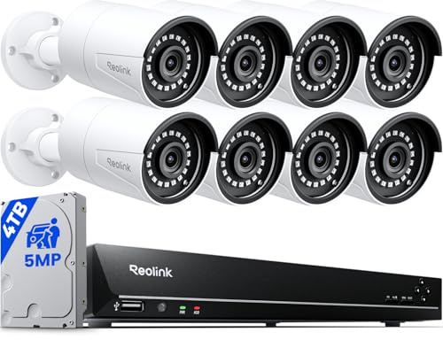 REOLINK 16CH 5MP Home Security Camera System, 8pcs Wired Outdoor PoE IP Cameras with Smart Detection, 8MP 16CH NVR with 4TB HDD for 24-7 Recording, High Bitrate & Clear Stream, RLK16-410B8-5MP
